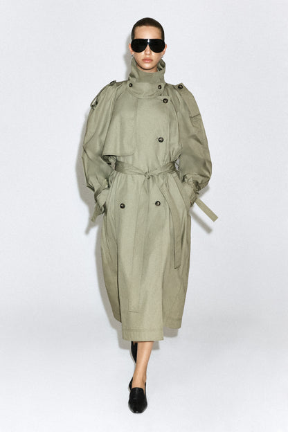 Funnel-Neck Cotton Trench Coat