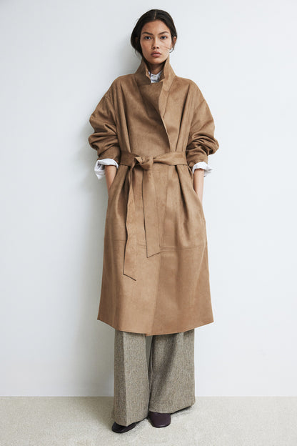 Napped tie-belt coat