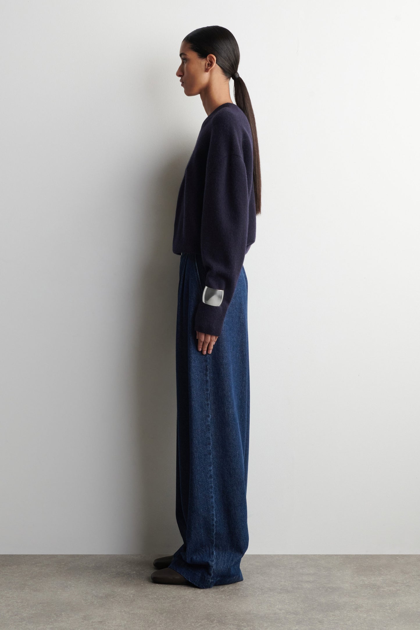 Pleated Wide-Leg Denim Trousers