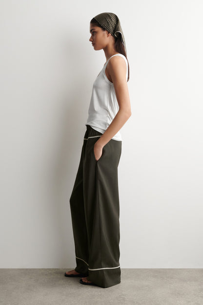 Contrast-piped straight-leg trousers