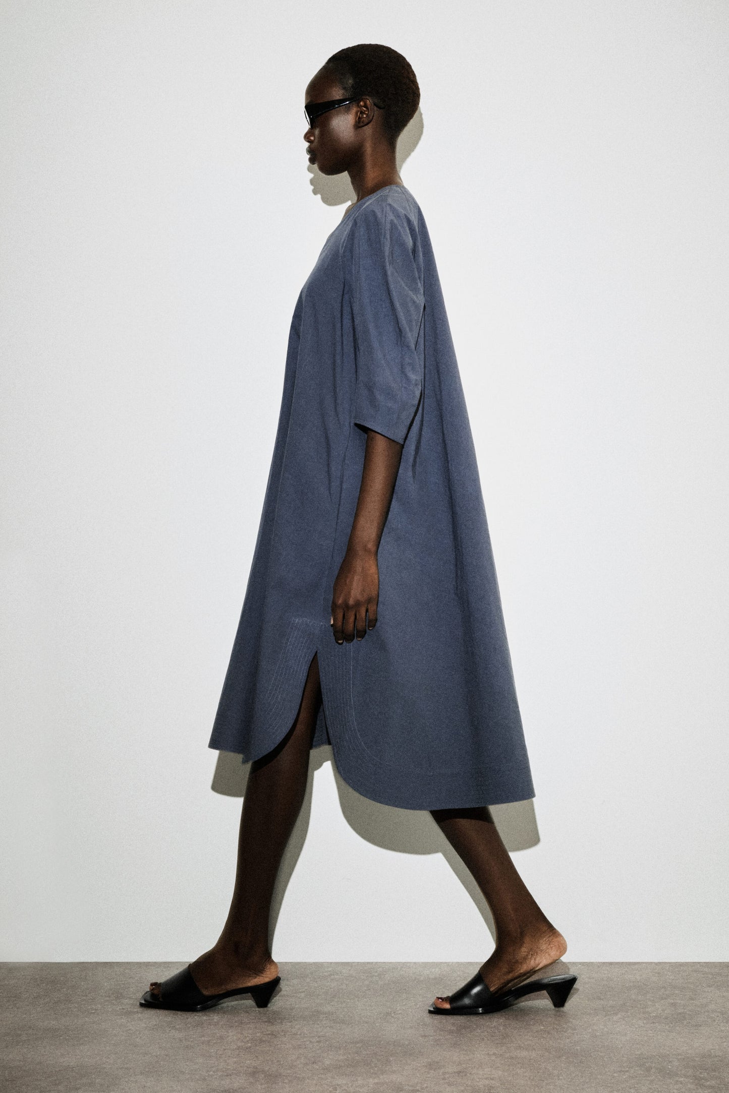 Rounded V-Neck Cotton Midi Dress