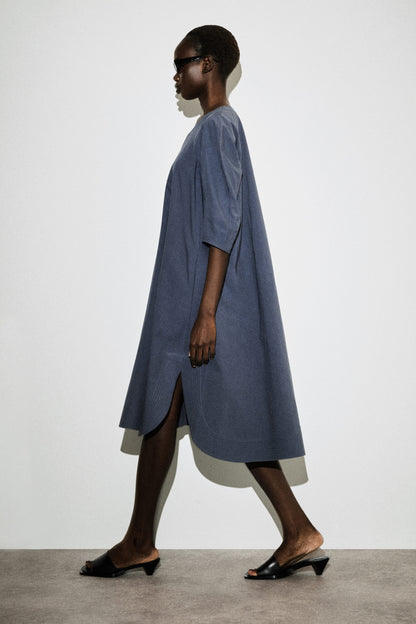 Rounded V-Neck Cotton Midi Dress