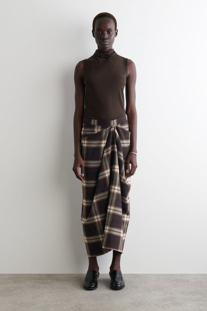 Draped Checked Midi Skirt