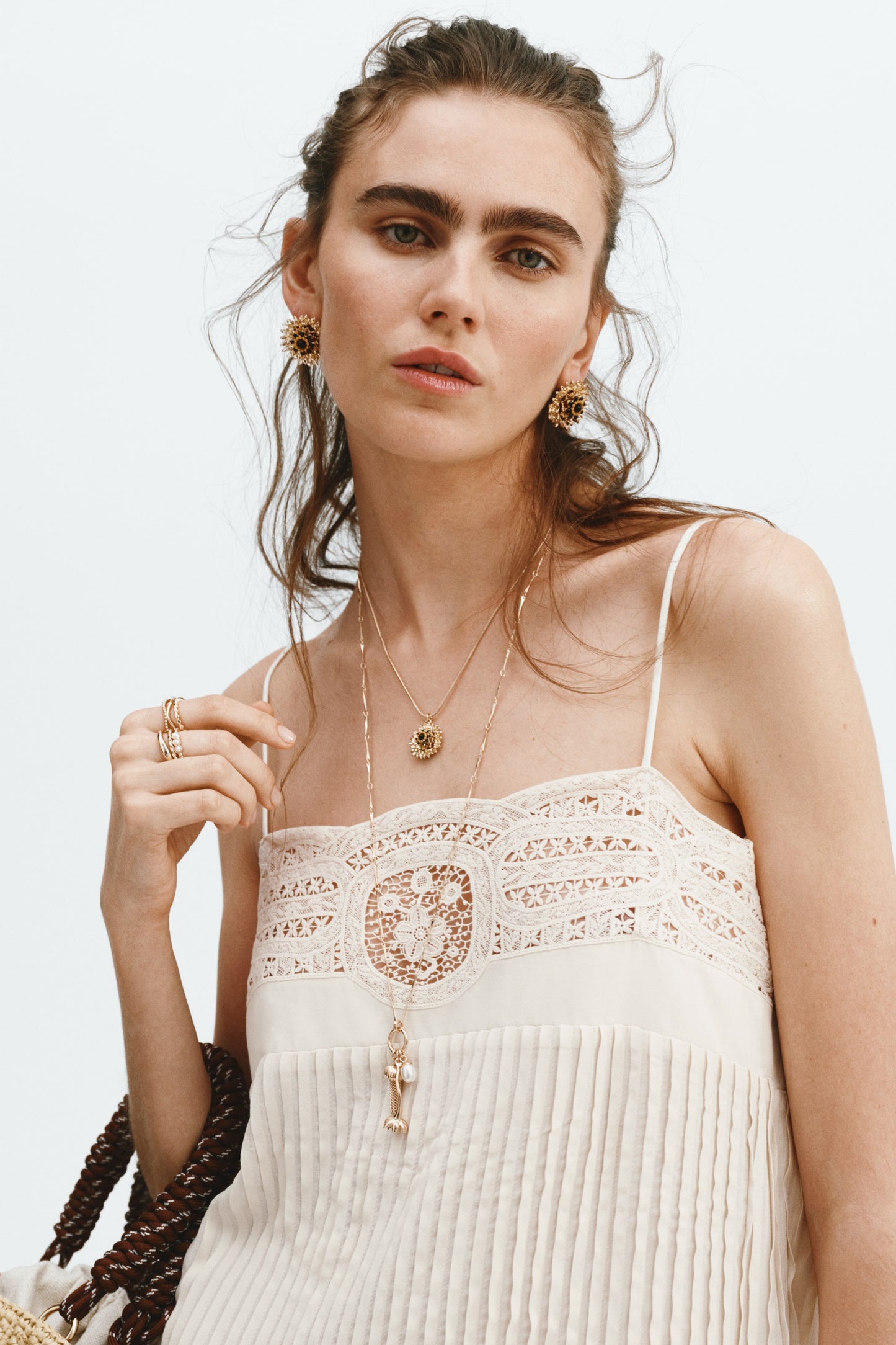 Women's Cream Lace-panel pintuck dress
