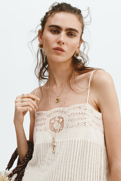 Women's Cream Lace-panel pintuck dress
