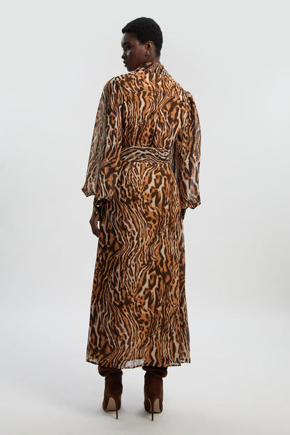 Animal Print Georgette Belted Woven Shirt Dress