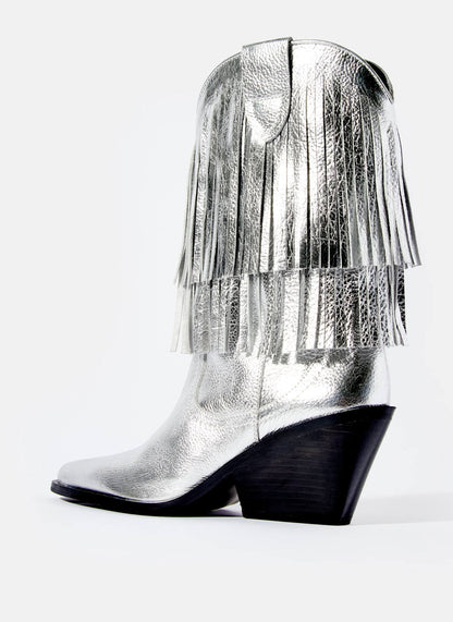 Annie Silver Leather Fringed Cowboy Boots