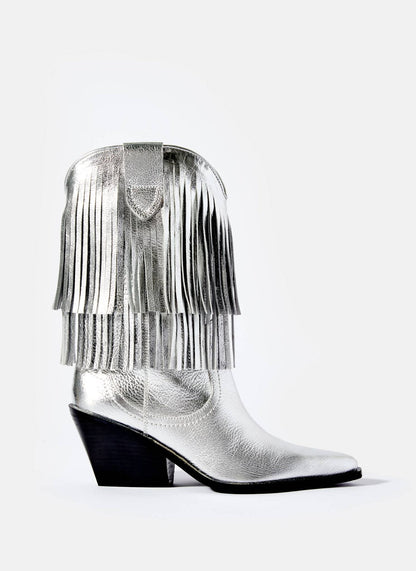 Annie Silver Leather Fringed Cowboy Boots