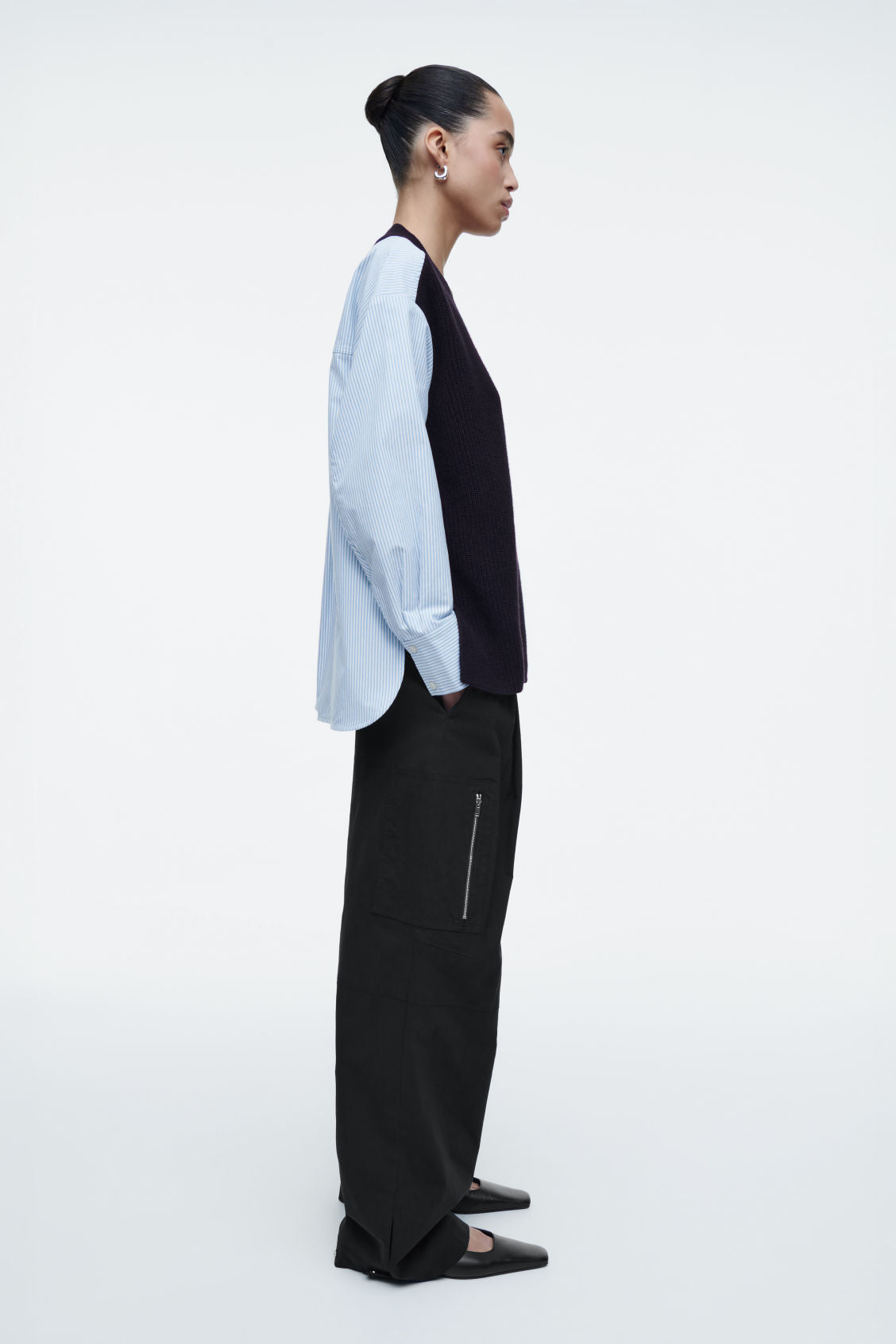 Deconstructed poplin-panelled wool jumper