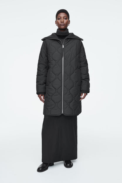 Ribbed-Collar Quilted Coat