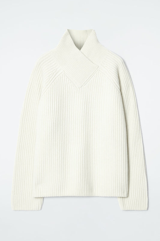 Wrap-collar merino wool jumper