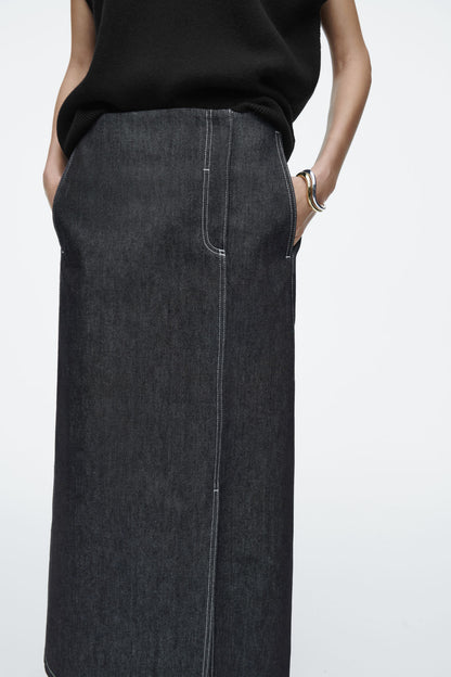 Straight denim midi skirt