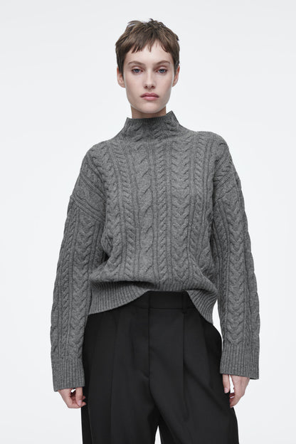 Cable-knit wool funnel-neck jumper