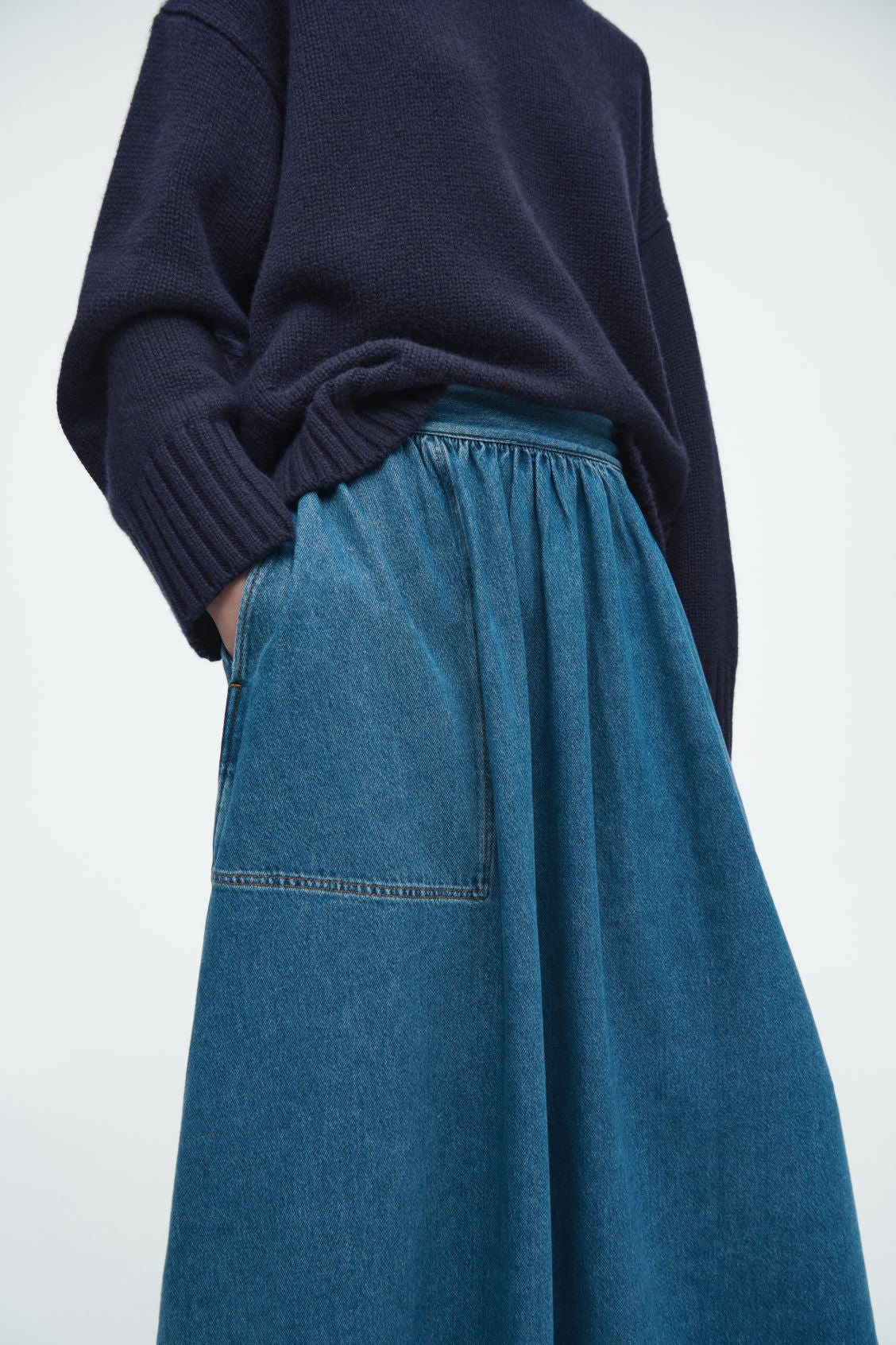 Elasticated denim midi skirt