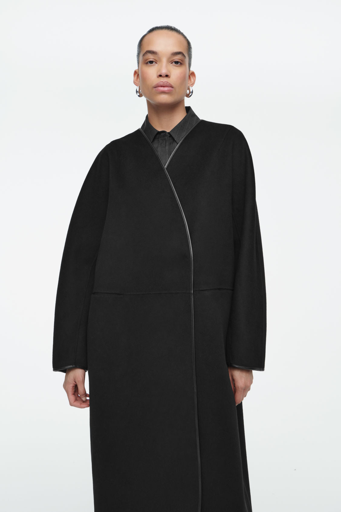 Leather-Trimmed Wool Scarf Coat