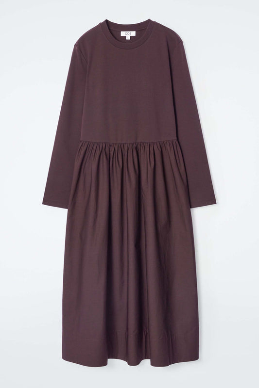 Contrast-Panel Long-Sleeved Midi Dress