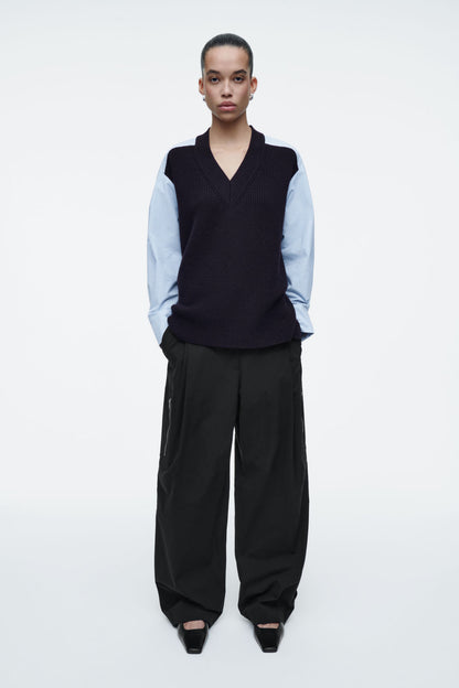 Deconstructed poplin-panelled wool jumper