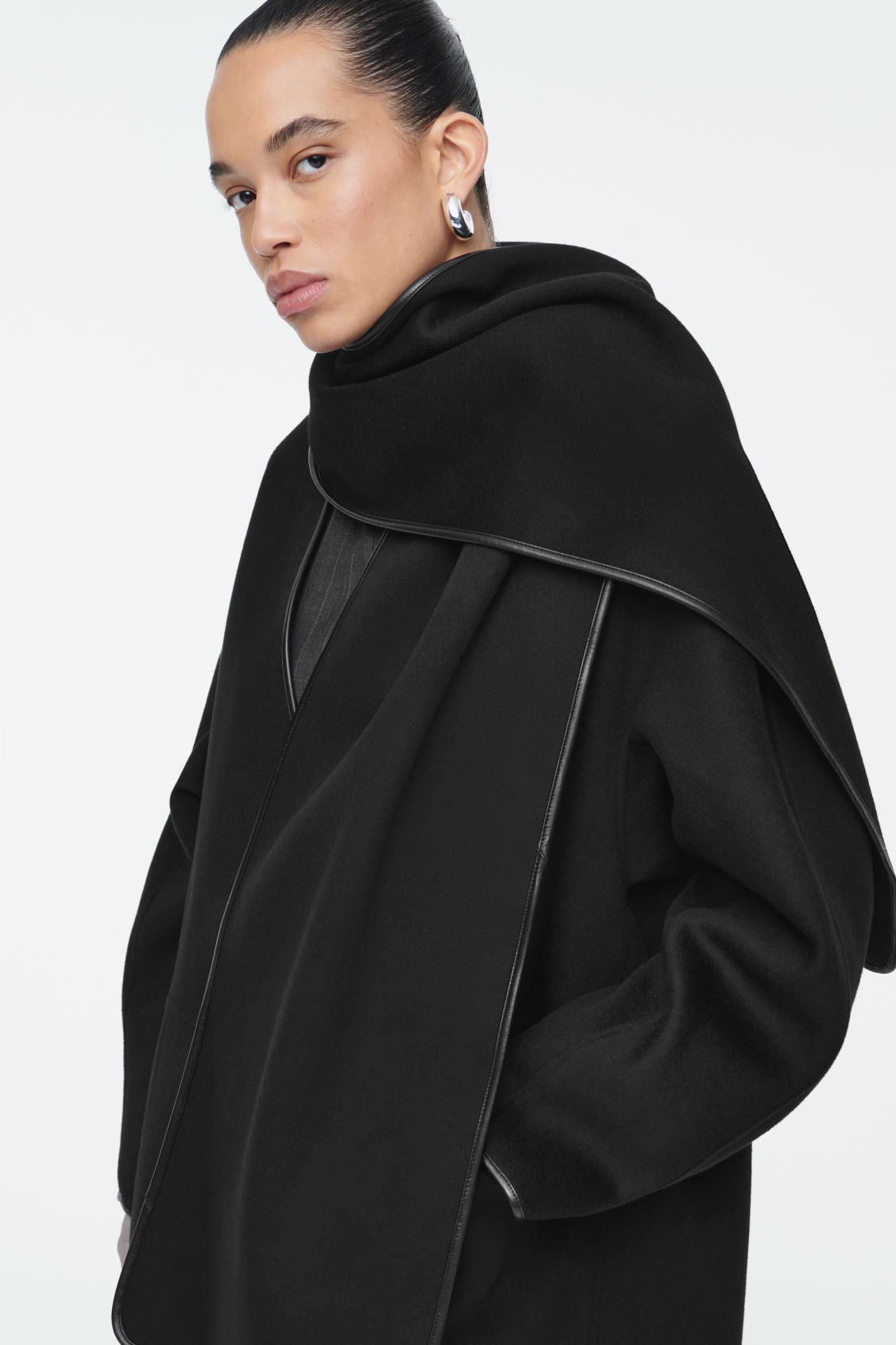 Leather-Trimmed Wool Scarf Coat