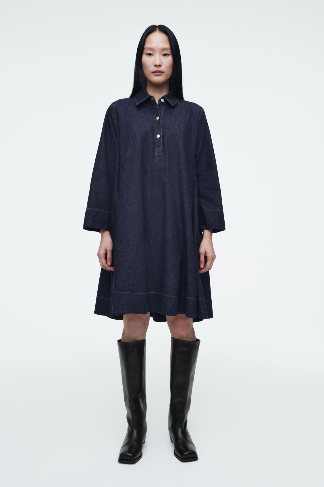 A-line denim mini shirt dress