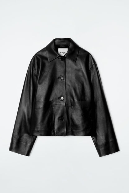 Boxy collared leather jacket