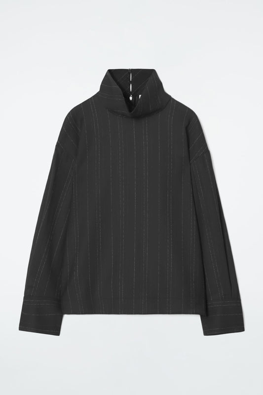 Pinstriped Funnel-Neck Blouse