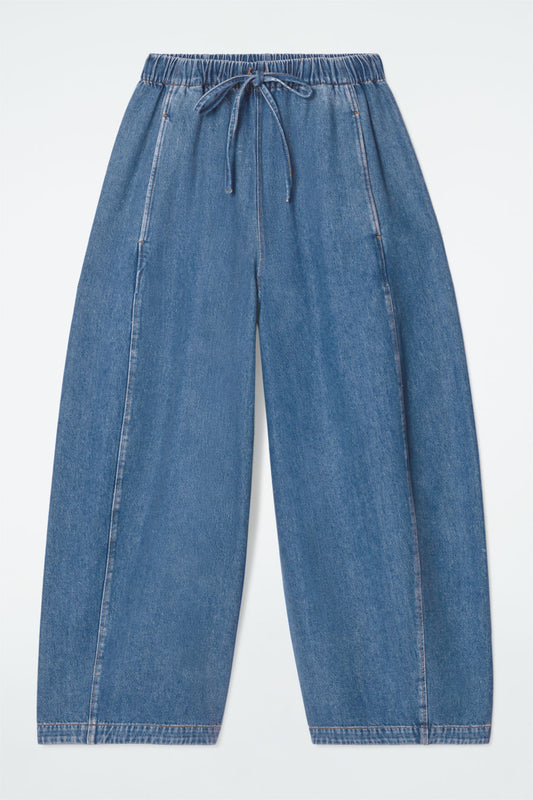 Relaxed barrel-leg denim drawstring trousers