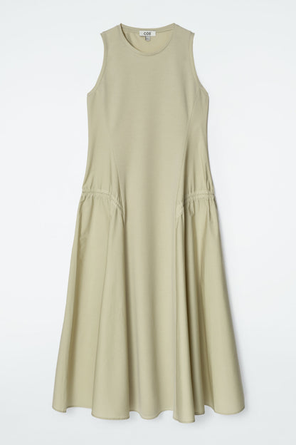Panelled gathered-side midi dress
