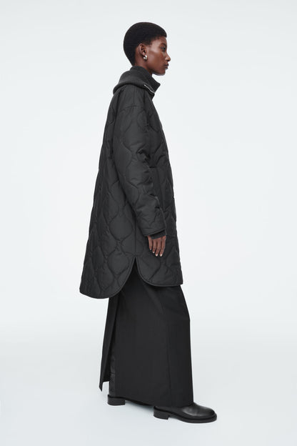 Ribbed-Collar Quilted Coat