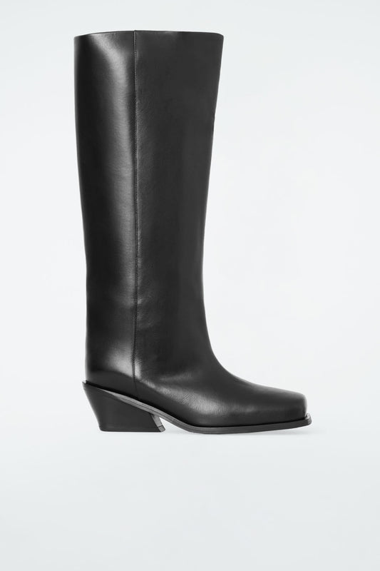 Square-Toe Leather Knee-High Boots