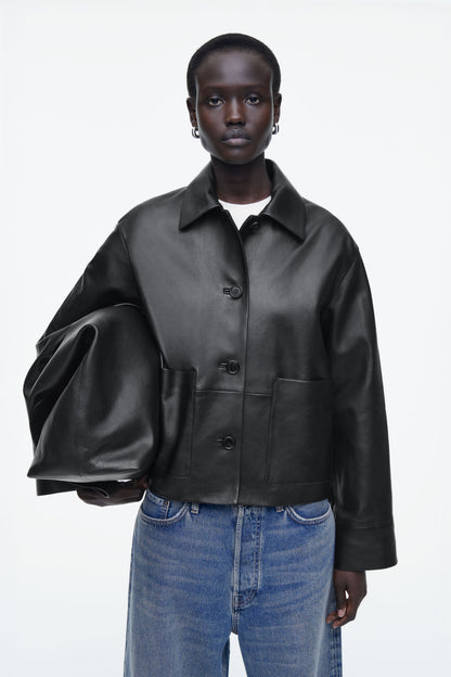 Boxy collared leather jacket