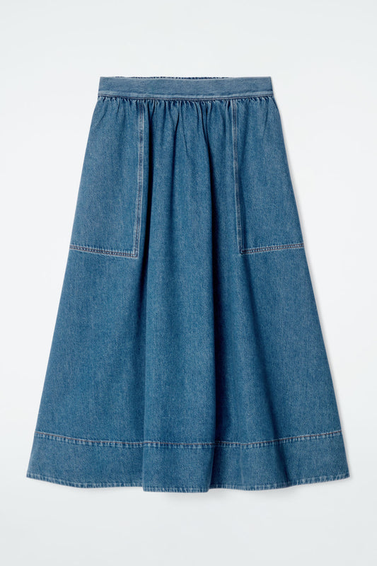 Elasticated denim midi skirt