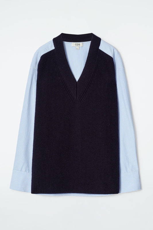 Deconstructed poplin-panelled wool jumper