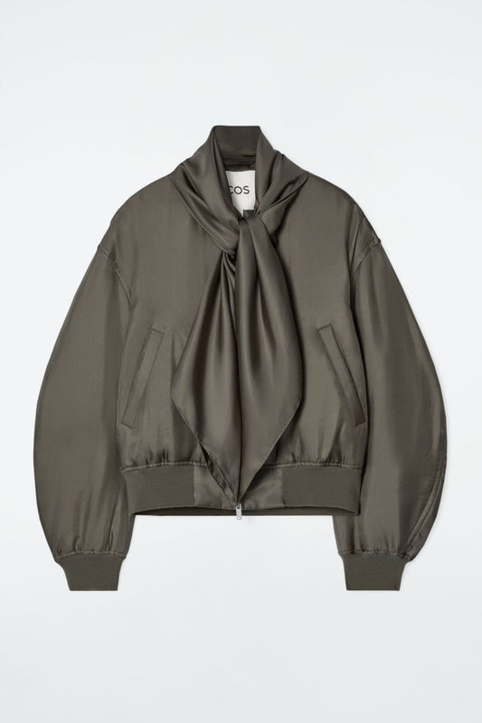 Scarf-detail padded silk bomber jacket