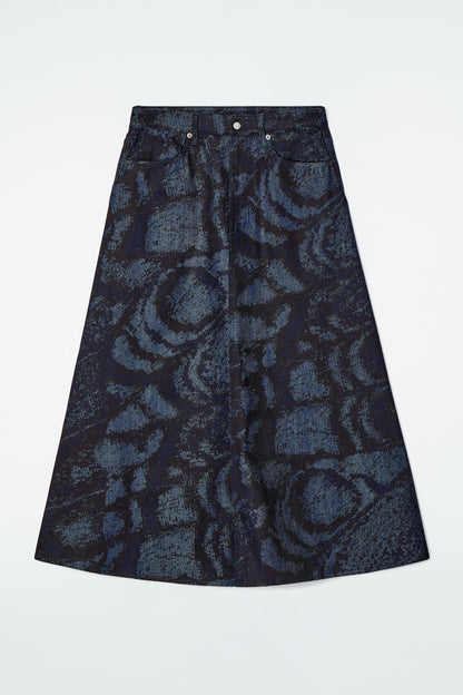 Printed denim A-line midi skirt