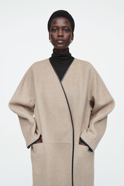 Leather-Trimmed Wool Scarf Coat