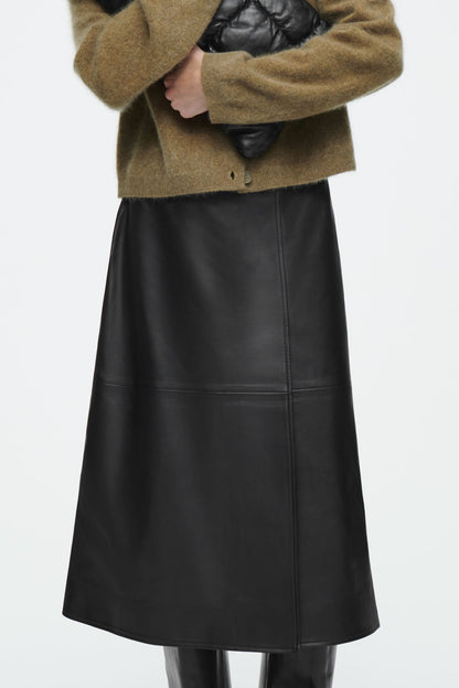 Pleated Leather Midi Skirt