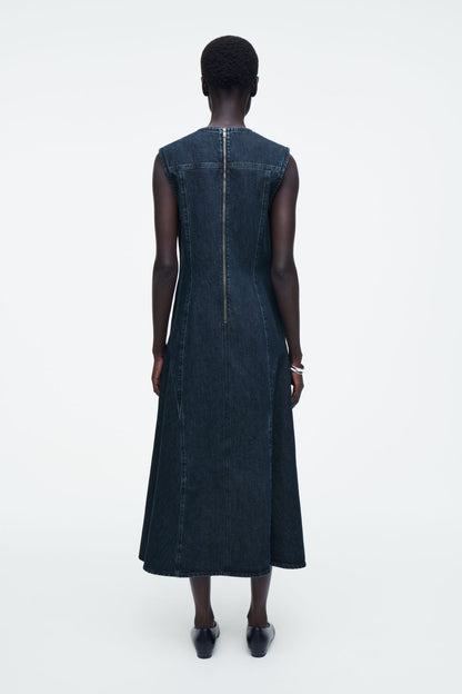 Dropped-waist denim midi dress