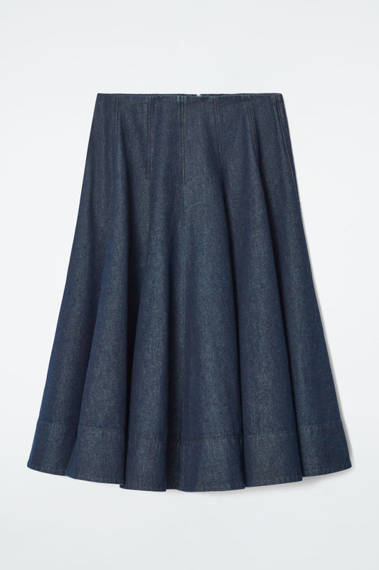 Voluminous Pleated Denim Midi Skirt