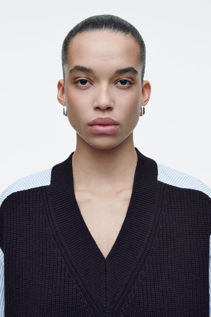 Deconstructed poplin-panelled wool jumper