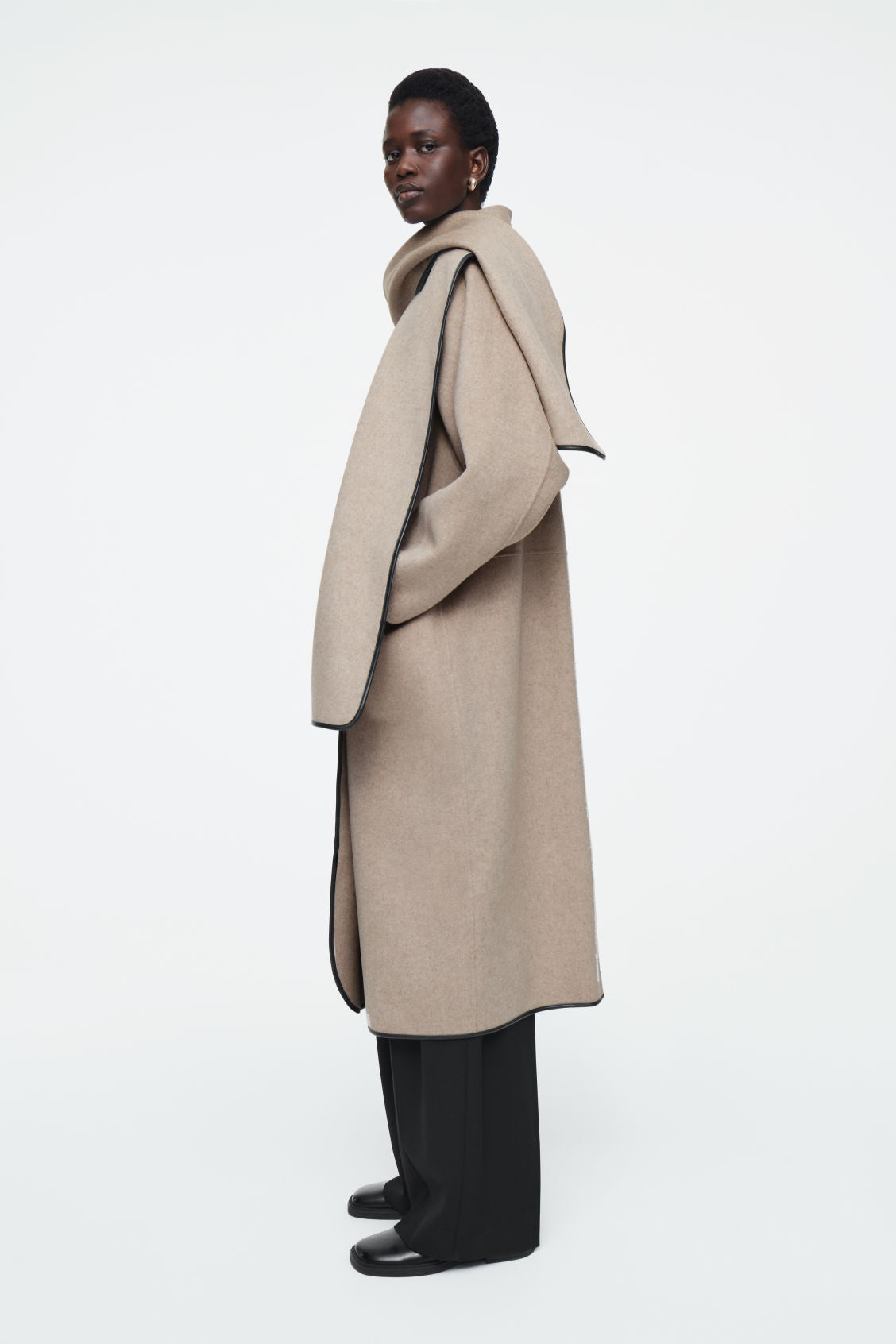 Leather-Trimmed Wool Scarf Coat