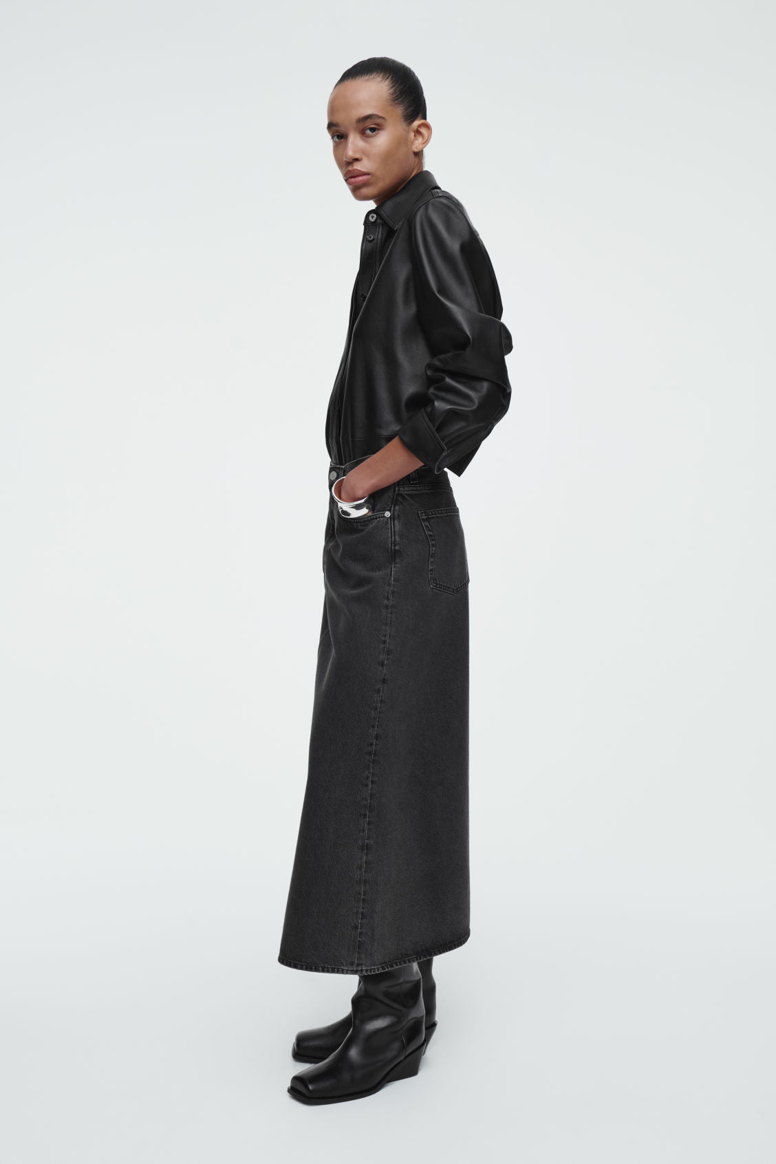 A-Line Denim Midi Skirt