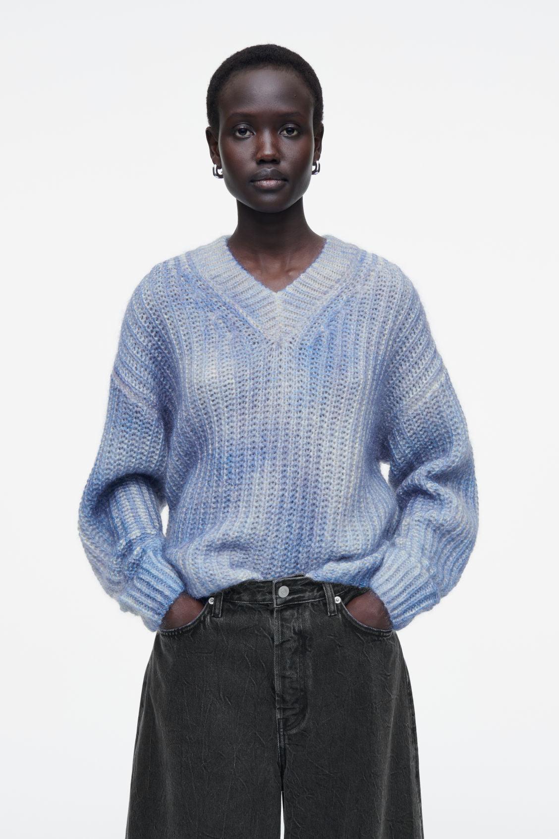 Spray-effect mohair V-neck jumper