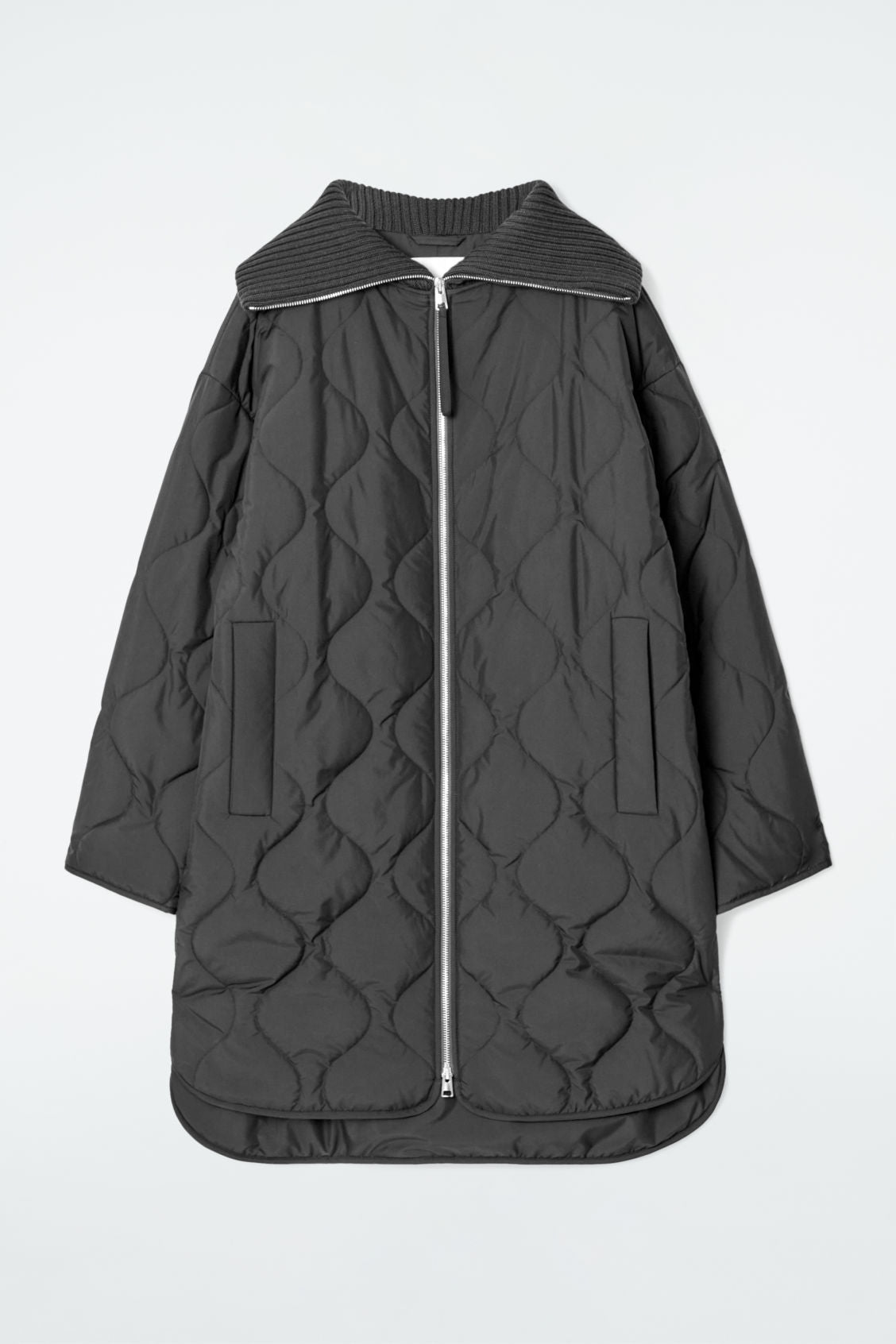 Ribbed-Collar Quilted Coat