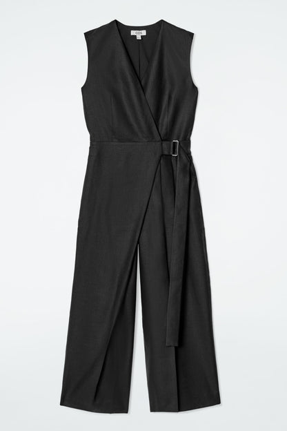 Wrap-front linen jumpsuit