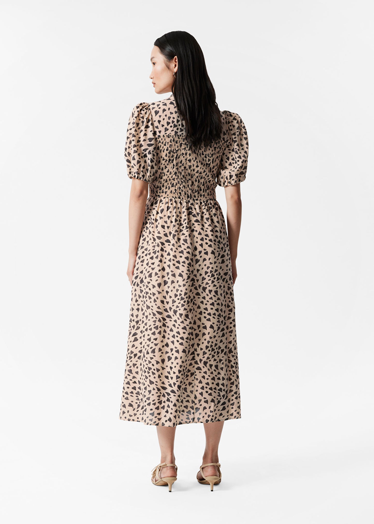 Smocked Puff-Sleeve Midi Dress