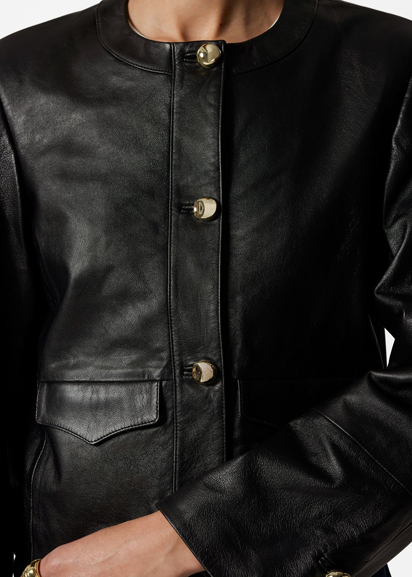 Collarless Leather Jacket