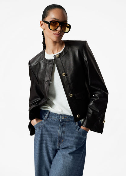 Collarless Leather Jacket