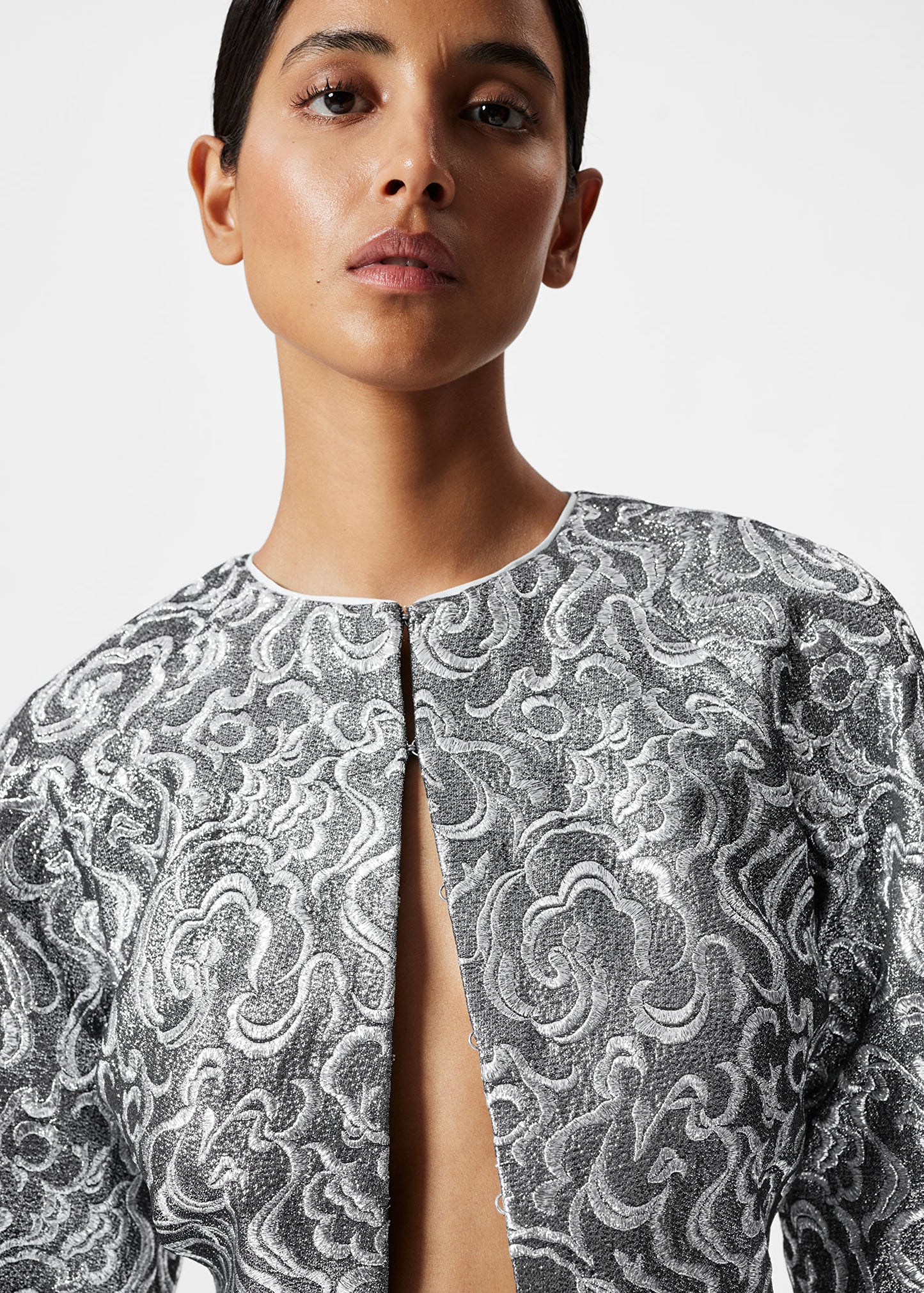 Cropped Metallic Jacquard Jacket