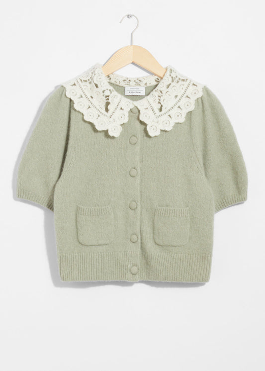 Crochet-Collar Knit Cardigan