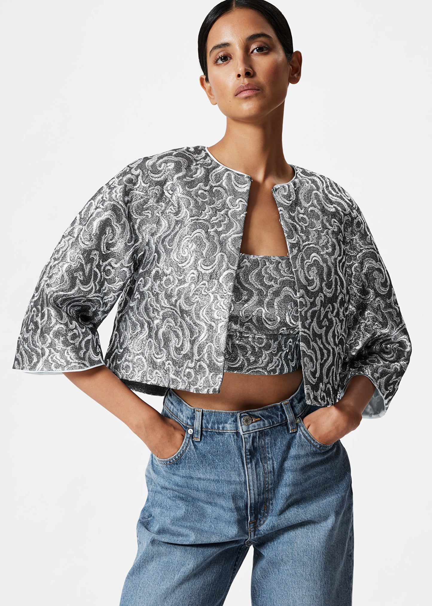 Cropped Metallic Jacquard Jacket